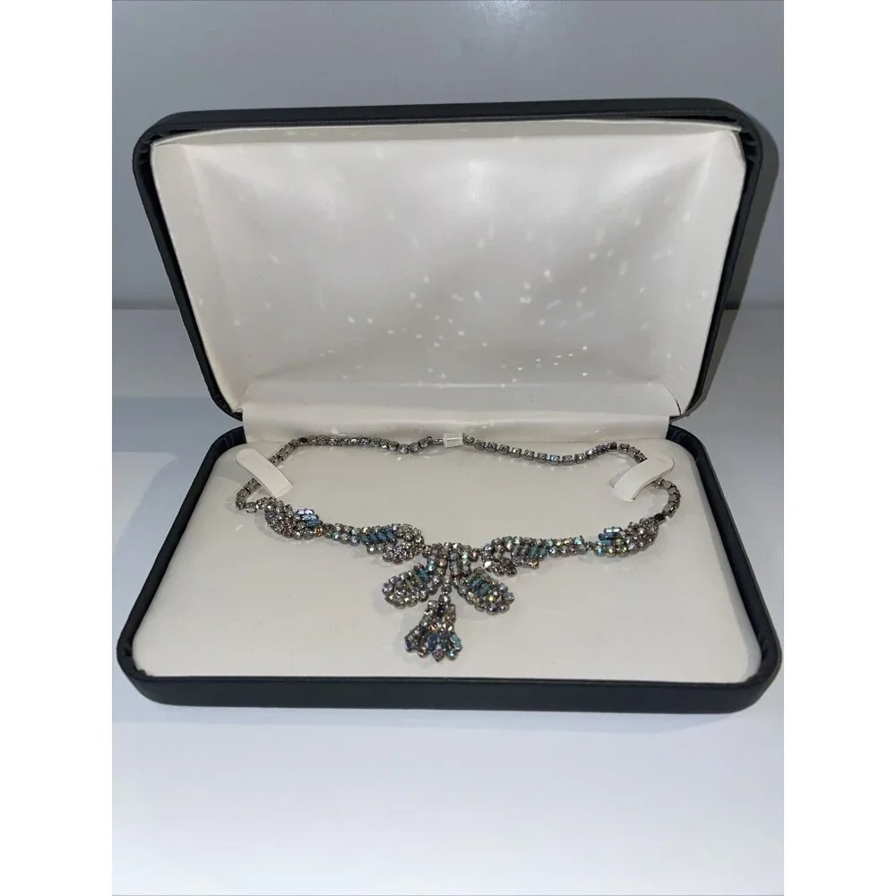 NOS! Vintage Blue Tint Aurora Borealis Rhinestone Necklace Unsigned Foil Back E5